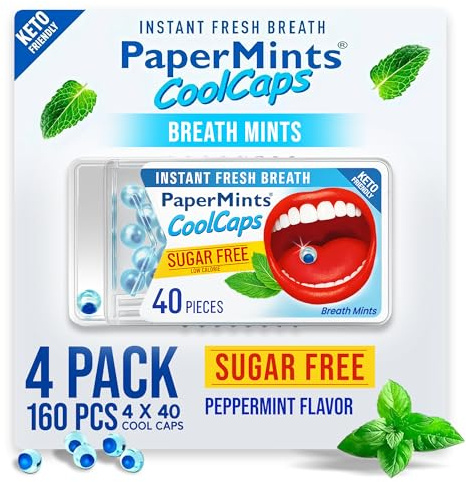 PaperMints CoolCaps Lot de 4 sachets de 160 capsules Instant Fresh Haleine Menthes sans sucre Traitement extrême de la mauvaise haleine pour adultes Perles désodorisantes pour traitement de l'halitose