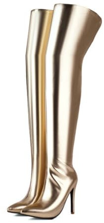 WILDKATZEN Damen Stretch Boots Spitze Stiefel Stiletto Absatz Fashion Overknees Lack Gold 38 EU