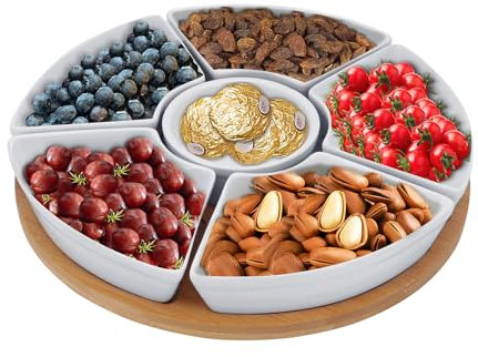 MoYouno Drehbares Dip-Set,Lazy Susan Dip Set,Snackteller,Keramik Serviertablett mit Bambusplatte,geteilte Servierplatte mit 6 Schalen aus weißem Porzellan, für Vorspeisen, Obst,Süßigkeiten