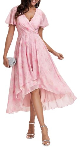 Ever-Pretty Robe D'Invité Jupe Trapèze Col en V Manches Volantées Robe Femme Chic Et Elegant Belle Robe Soirée Violet Clair Rose 38