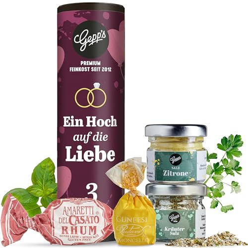 Gepp’s Feinkost Ein Hoch auf die Liebe I Hochzeitgeschenk für Gourmet-Brautpaar I Standesamt Geschenk mit Gewürzsalz & feinen Pralinen I Geschenkidee, auch als Geldgeschenk zur Hochzeit geeignet