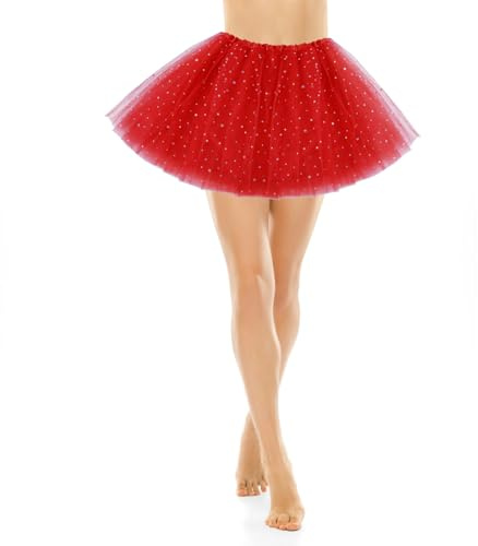 Yolev Tutu Skirts for Women Tulle Skirts with Sequin Stars 3 Layered Mesh Skirt with Lining Retro 80s Fancy Dress for Women Bubble Skirt for Halloween Rave Costume Party Dance Running Cosplay(red)