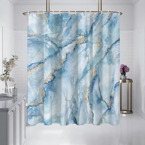ZDLLDZ Duschvorhang mit digitalem Druck und blauem Marmormuster, wasserdicht, maschinenwaschbar, mit Haken, 120 x 280 cm