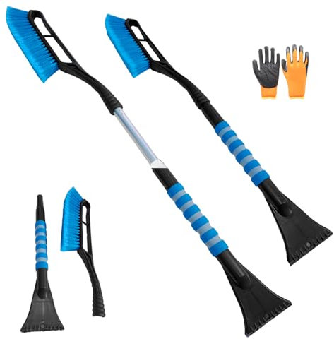 JINGTOPS 2 In1 Raschietto Ghiaccio Auto,Spatola Ghiaccio Vetri Auto con Guanto, Raschiaghiaccio Spazzola per Neve Auto, Manico Telescopico Lungo 78-93 cm, Sbrinatore Parabrezza Auto (Blu)