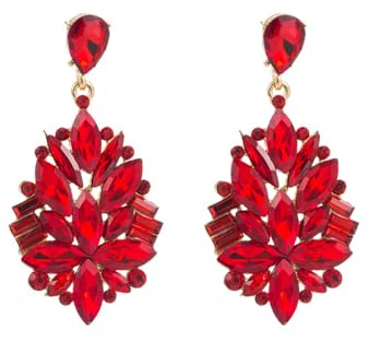 Big Rhinestone Dangle Drop Earrings for Women Girls Shiny Long Crystal Cluster Chandelier Teardrop Statement Earring Elegant Dress Accessories Retro Art Deco Wedding Cocktail Party Jewelry (Red)