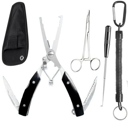IUSOT 5 PCS Multifunktionale Angelzange Set mit Lanyard, Angelzubehör Set mit Köderabhakvorrichtung, Fischmaulzange,Stoffbeutel,Abhakvorrichtung,Zange,Angelseil für Hakenlöser, Sprengring, Edelstahl