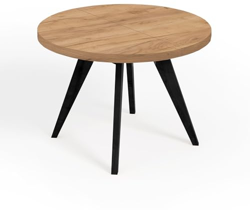 Dekori Möbel Runder Ausziehbarer Tisch für Esszimmer mit Holzbeinen, LORA, Loft-Stil, Skandinavische, Durchmesser Varianten: von 90 bis 220 cm (Eiche Craft Golden/Schwarz, Durchmesser: 90/190 cm)
