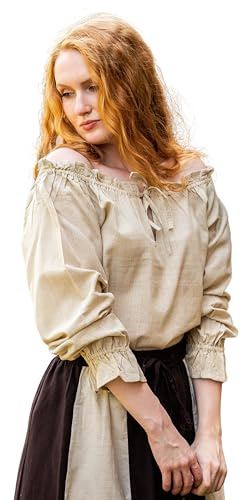 Leonardo Carbone® Damen Bluse Mittelalterbluse Edith | Offenschulterig | Rüschenärmel | Karneval, Halloween, Cosplay, LARP, Kostüm, Mittelalter, Festkleidung | 100% Baumwolle Hanf M