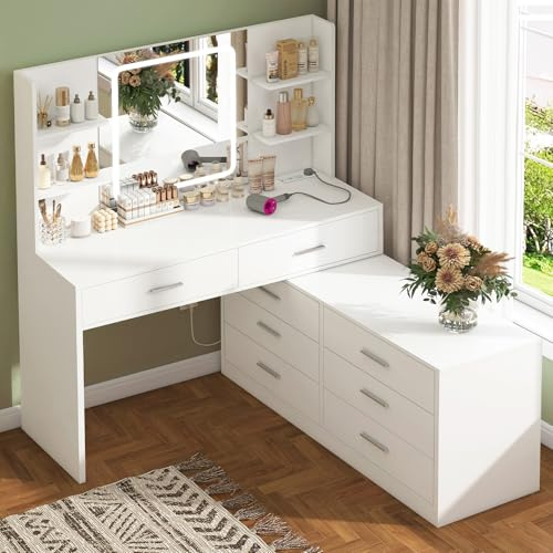 TEENFON Schminktisch mit LED-Licht Spiegel & Steckdose, 8 Schubladen, 6 Ablageflächen, 3 Farben mit Einstellbarer Helligkeit Kosmetiktisch, Ecke Vanity, L-Form ändern, Weiß