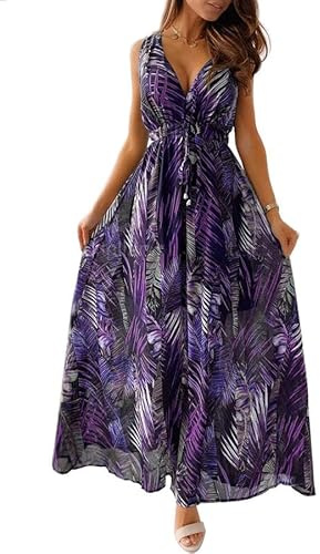 Joligiao Robe Longue Femme - Robe d'été Florale Violet Taille L - Maxi - Col V - Sans Manche - Polyester - Casual & Soirée