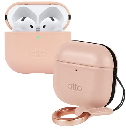 Alto Étui pour AirPods 4 avec porte-clés, étui en cuir italien compatible avec AirPods de 4e génération, homme et femme, coque rigide de protection pour le chargement sans fil, LED avant visible (rose