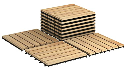 COSTWAY 10 Pcs Acacia Wood Decking Tiles, 30 x 30cm Interlocking Floor Tiles, Indoor Outdoor Waterproof Cuttable Deck Tile for Patio Garden Balcony Pavement, Tools Free Assembly (Stripe Pattern)