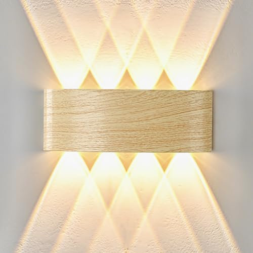 Doughelec Applique da Parete Interno Esterno LED 8W Legno, Lampada da Parete Moderno IP65 Impermeabile, Applique da Muro Bianco Caldo 3000K Luce Up Down Vintage per Camera da letto Corridoio, 22CM