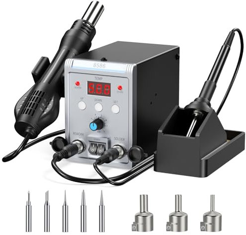 Stazione Saldante, 750W Stazione Saldatura ad Aria Calda SMD 2 in 1 Saldatore Stagno Professionale Temperatura Regalabile 200°C-500°C con Display LED, Saldatore Stagno con 3 Ugelli, 5 Punte