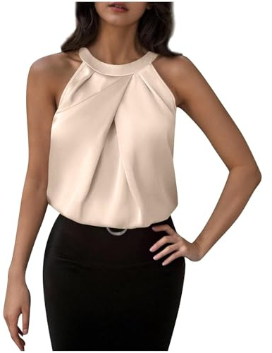 Top Femme Satin sans Manches Halter Camisole Debardeur Femmes Plissée Été 2025 Gilet Tops Boutons Dos Tunique Femmes Blouses Haut Femme Chic Et Elegant Cami Hauts Blouses Soie