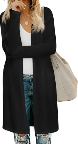 Fisoew Cárdigan de punto para mujer, frente abierto, manga larga, cárdigan ligero, suéter largo con bolsillos, Negro , XXL