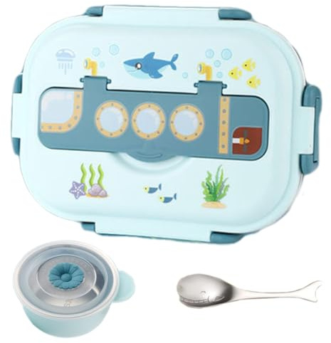 Boîte à lunch pour enfants 3 compartiments isolés en acier inoxydable isolé en acier inoxydable Boîte à soupe et la cuillère carré de fuite portable sur le thème de l'océan, bleu, en inoxyd