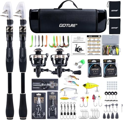 Goture Angelset mit 2 Teleskop-Angelruten (24T), Teleskopangel/Angelrute Set Komplett 2 5.2:1 Spinnrolle (9+1 Bearing), Schnur, Köderbox & Tragetasche – für Salz-/Süßwasser, Reisen–Angelgeschenk