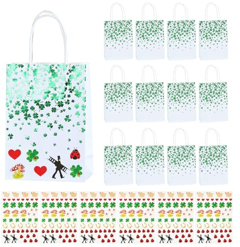 12 Stück Silvester Geschenktüten mit 6 Blatt Glücksbringer Aufkleber,Tüten Silvester,Kleeblatt Geschenktaschen,Krafttaschen mit Griffen für Neujahr Geburtstag Weihnachten Party