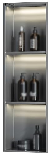 Dusch-Nischenregal aus Edelstahl – integrierter Caddy für Badezimmer Wandaufbewahrung Metallschrank mit Toilettenpapierhalter und LED-Licht – ideal für Hotels