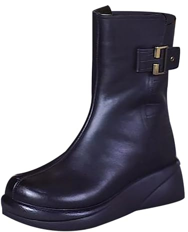 Vinterkängor för dam mitten av millet, snöstövlar dam päls, stövel, dragkedja, stövel, med spänne, rem, enfärgad, casual, bred läderstövel, pu-stövlar, svart, 39 EU