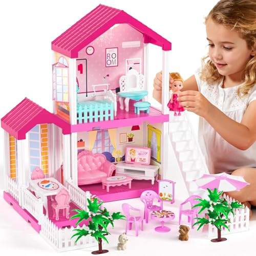 2 Stöckiges Puppenhaus für Mädchen DIY Spielhaus Spielzeug mit Haustier & Puppen Figur & Möbel Zubehör Pink Villa Spielzeug Prinzessin Geburtstags Geschenk für Mädchen 3 4 5 6 7 8 Jahre