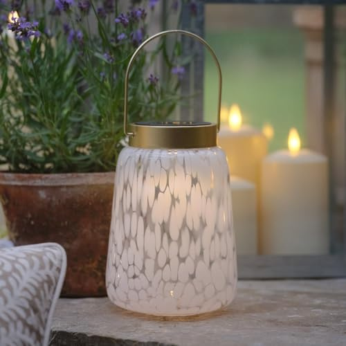 Lights4fun Solar Lantern Made of Confetti Glass, Solar Powered Solar Energy Solar Lamp, Spring & Summer Decoration for Outdoor Balcony, Garden, Patio, White/Gold, Height 17.5 cm, Diameter 12 cm