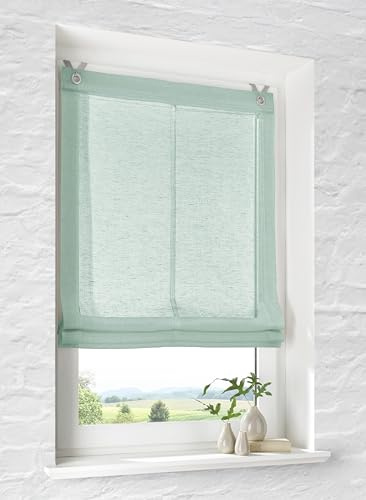 Brondy - Tenda a pacchetto con occhielli, colore: verde, semitrasparente, effetto lino, con ganci senza foratura, larghezza 60 cm x altezza 140 cm