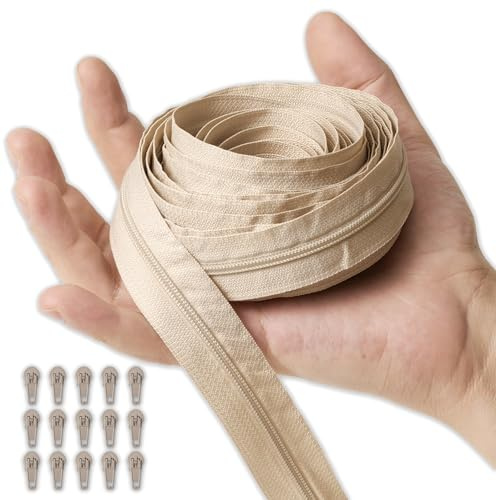 IPEA Cerniera Lampo Catena Continua misura #3 Beige - [ 5 METRI + 15 CURSORI IN METALLO ] - Made in Italy - Zip Ritagliabile per Cucito, Abbigliamento, Accessori - Larghezza 30 mm - Beige