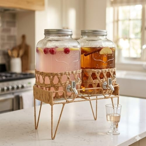 Glass Drink Dispenser - 2 x 4 Litre Mason Jar Drink Dispenser with Tap & Metal Wire Stand, Beverage Dispenser,Glass Water Juice Dispensers with Fruit Infuser and Stainless Steel Faucet