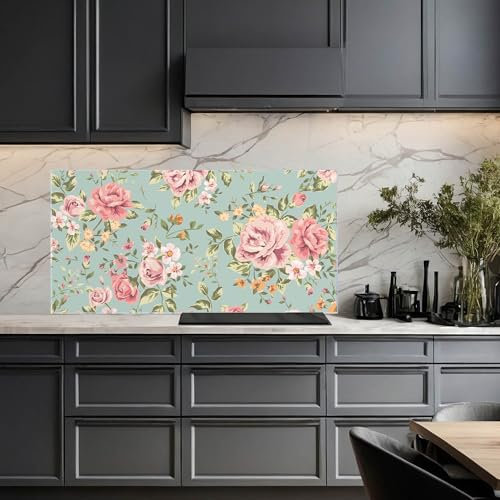 banjado Küchenrückwand Glas ohne Bohren 100x50cm – Glasrückwand Küche mit Motiv Altrosa Blume/Spritzschutz Küchenrückwand Glas/selbstklebende Küchenrückwand Platte - magnetisch & beschreibbar