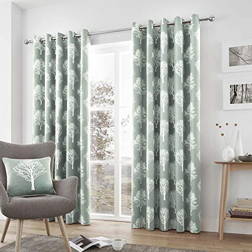 Fusion - Woodland Trees - 100 Percent Cotton Pair of Eyelet Curtains - 46 Width x 54 Drop (117 x 137cm) in Duck Egg