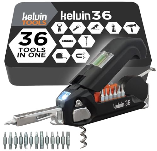 Kelvin Tools - Kelvin 36 Urban Multi Tool Screwdriver Set - All in One Hand Tool with 26 Interchangeable Bits, Tape Measure, Liquid Level, Hammer, Flashlight, Corkscrew and Magnetic Tip