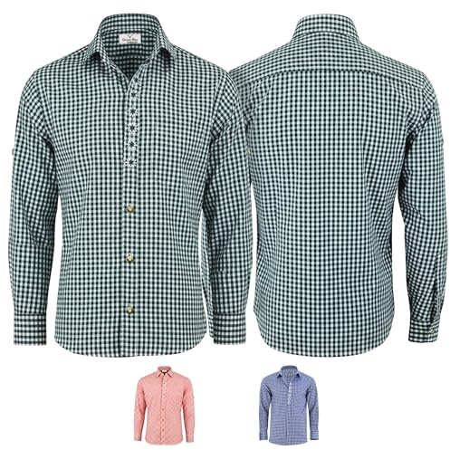 German Wear Trachtenhemd Langarm mit Edelweiß-Stickerei – Klassischer Kentkragen & Krempelärmel – Größe: XL, Farbe: Grün