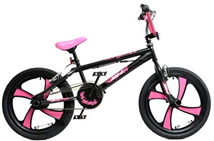 XN 6 BMX 20 4 Spoke MAG Wheel Freestyle Bike Gyro Stunt Pegs Kids Boys Girls (Black/Pink)