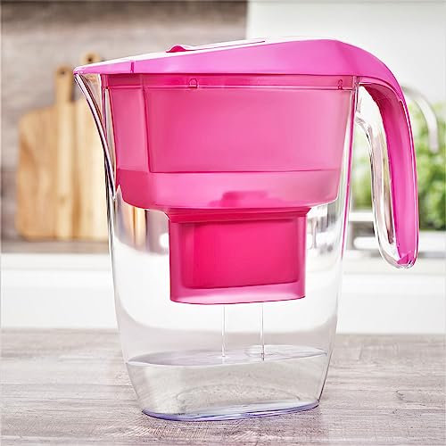 Nouveaux 2.7L Water Filter Jug – For Reduction of Chlorine, Limescale and other impurities,Fridge Design,1x 3-Month (90days) Filter Included – Pink, Also Compatible with Filter logic cartridges.