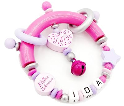 Greifling mit Namen - Kleine Prinzessin/Schnörkelherz/Stern in flieder/pink/silber