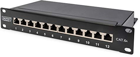 DIGITUS Cat-6A patchpanel – 12 portar – RJ45-uttag – 25 cm rack-mount 1HE – LSA fördelningsfält – skärmad – svart