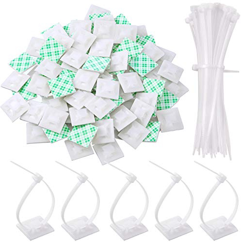 100 Piezas de Soporte de Base de Atar Cable Montaje Auto Adhesivo, Negro con Brida Negra, Cable de Múltiples Usos (Longitud 150 mm, Anchura 2 cm, Blanco)