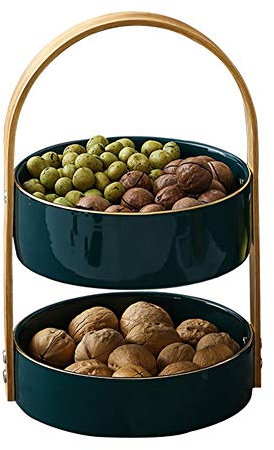 MSQL 2 Niveles Frutero de cerámica Cesta Cesta Encimera Plato de Fruta Postre Soporte para Magdalenas con Mango de Madera, para la Boda de la Fiesta del té, Azul,L