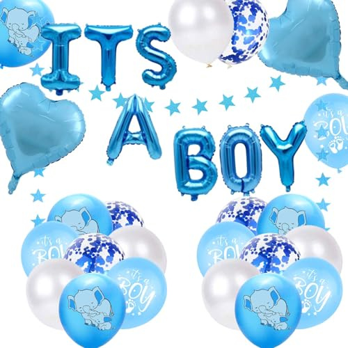 Babyparty Deko Junge, Baby Shower It's a Boy Ballon Blau Stern Banner Herz Folien Ballon Elefant Fußabdruck Ballons Blau für Neutral Gender Reveal Party Dekoration Boy