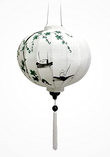 Asiatische Laterne aus Weißem Leinenstoff R - Durchmesser Ø38cm - Handbemalte Laterne mit Motiv Fischer und Pflaumenblüte - Dekoration und Kunsthandwerk aus Vietnam (R25-CAUCA)