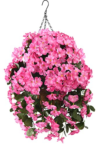 INQCMY Artificial Hanging Flowers in Basket for Patio Garden Decor,Artificial Plant with Coconut Lining Hanging Baskets,Begonia Flower for The Decoration of Outdoors and Indoors(Deep Pink)