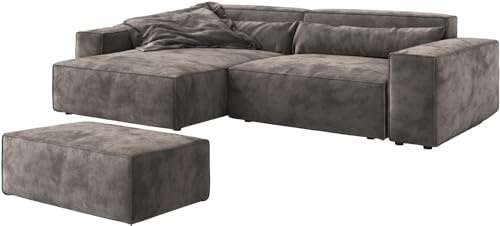Eckcouch Sirpio XL Mikrofaser Khakibraun 270x170 cm Recamiere variabel | mit Hocker