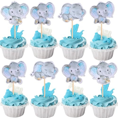 SYKYCTCY 36 Pack Baby Elephant Cupcake Toppers It's a Boy Cupcake Picks Baby Shower Cupcake Decorations Gender Reveal Baby Shower Baby Boy Birthday Party Supplies Blue