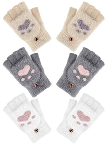 Bencailor 3 Pares de Guantes sin Dedos Convertibles Mitones Convertibles de Pata de Gato para Mujer (Gris Oscuro, Blanco, Caqui Claro)