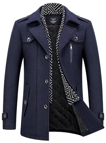 KUDMOL Herr ull trenchcoat solid avslappnad vadderad utomhus ytterrock halsduk krage lång varm affärsjacka, Marinblått Xsp, 3XL
