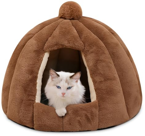 ALLSOPETS Cama Cueva para Gatos y Perros, Cama Igloo Interior con Cojín Extraíble y Lavable, Nido Cálido y Acogedor para Mascotas Pequeñas y Medianas (Marrón Castaña, L)