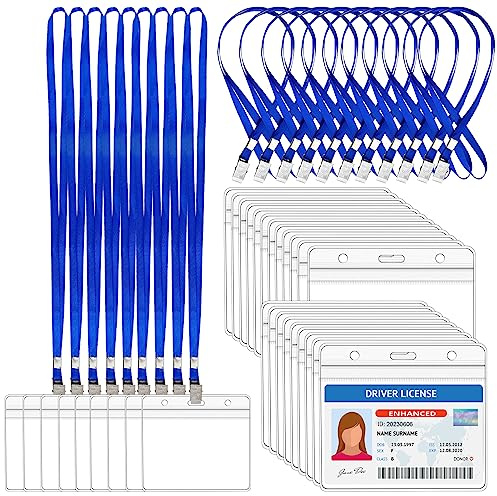 Aemygo Transparente Namensschilder mit Umhängeband, horizontales Namensschild, Ausweishalter, blau, flach, mit Clip, für Büro, Kirche, Konferenz, Geschäft, 100 Sets