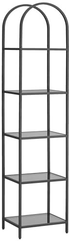 VASAGLE Regal, Bücherregal 5 Ebenen, Standregal aus Hartglas, Aufbewahrungsregal, bogenförmig, Metallstruktur, für Wohnzimmer Schlafzimmer Arbeitszimmer Bad, tintenschwarz-schiefergrau LGT501G01